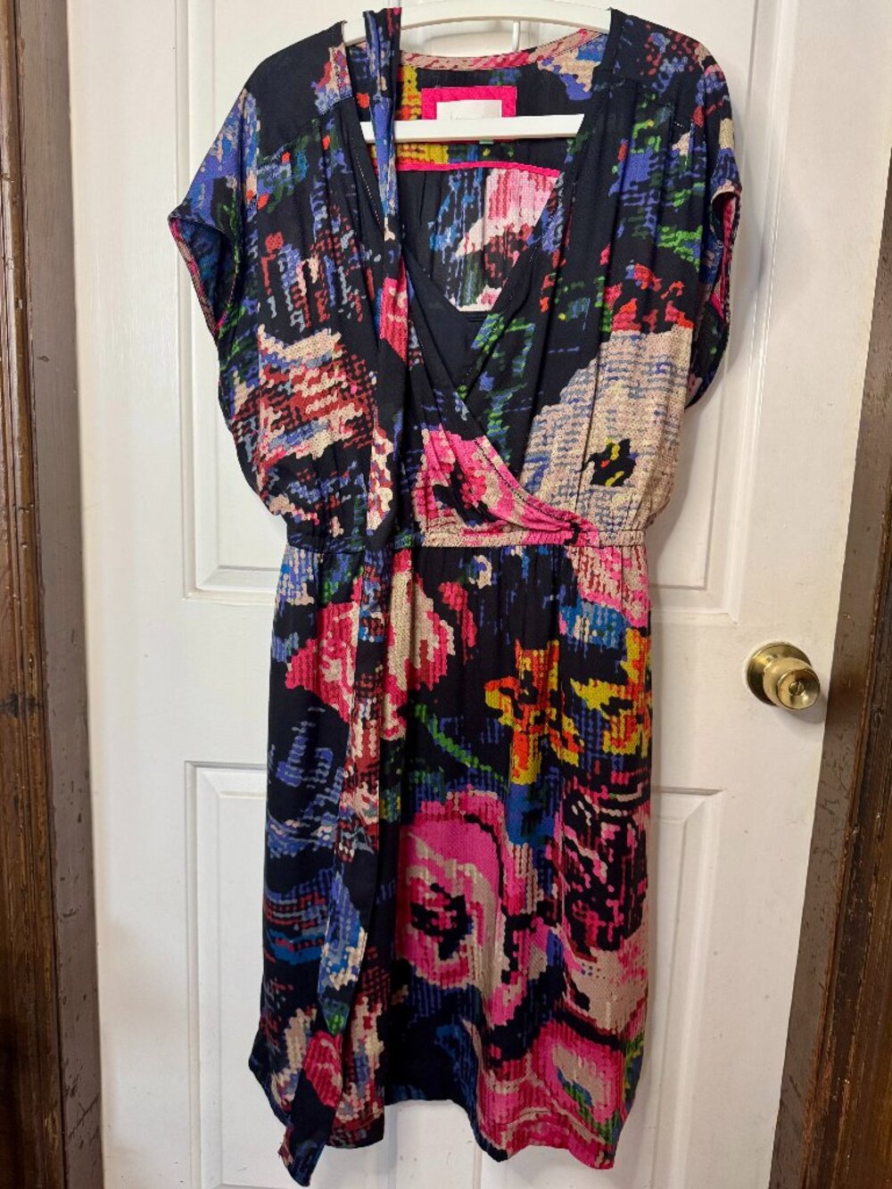 Anthropologie Dress XL Blue Astrid Needlepoint Pixelated Print Floral Boho